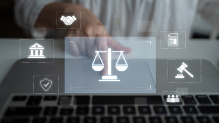 Legal compliance and governance concept showing justice scale, courthouse, contract, policy,...