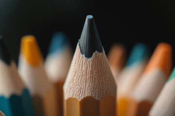 Macro close-up of a sharpened pencil with colorful pencils blurred in the background. Creative and artistic school supplies.