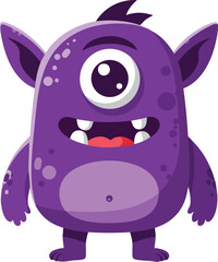Fototapeta premium Purple one-eyed cartoon monster character with cute smile and small arms vector design