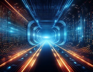 Obraz premium digital tunnel with binary code glowing light futuristic technology data visualization