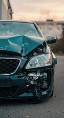 Broken and damaged car on an urban street after a road accident. Vehicle with crashed front bumper and steaming engine, needing emergency roadside assistance.