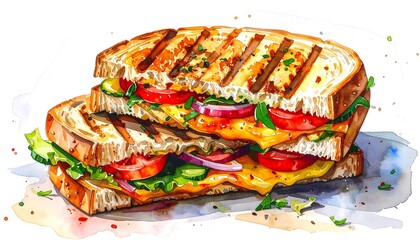 A vibrant watercolor illustration showcases a mouthwatering grilled cheese sandwich, layered with cheese, tomatoes, cucumbers, and onions, nestled between two slices of toasted bread.