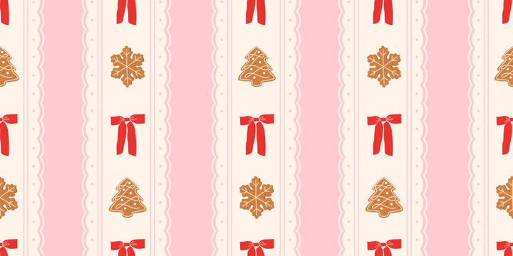 Cute Christmas seamless pattern with red bows, gingerbread cookies in the shape of a Christmas tree and snowflakes. Pink Xmas background for print, fabric, wallpaper or wrapping paper.