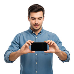 Young man holding smartphone with blank screen, perfect for app mockups and advertising