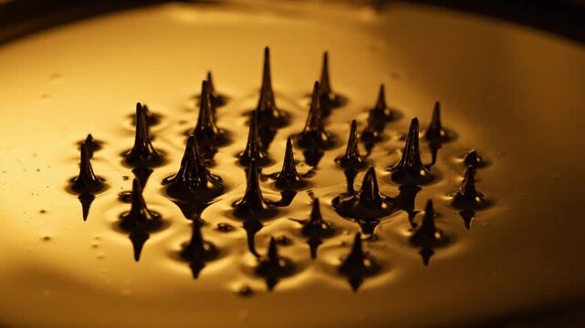 Stunning Macro View of Golden Ferrofluid Reacting to a Magnet.