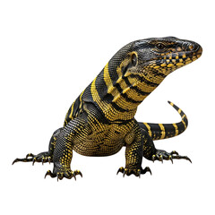 Striking yellow tree monitor lizard poised and ready, captivating wildlife close-up view