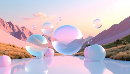 Floating Spheres and Reflective Landscape with Mountains and Tranquil Colors