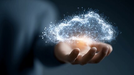 Unlock the power of modern cloud computing and global data networks with this dynamic visual of a glowing digital cloud held in a hand, symbolizing innovation and connectivity.