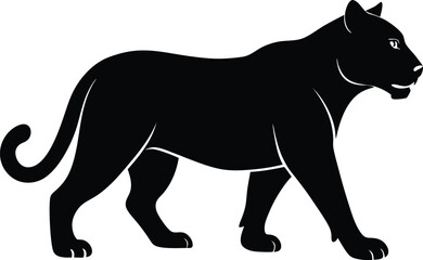 Black silhouette of a panther walking isolated on white background