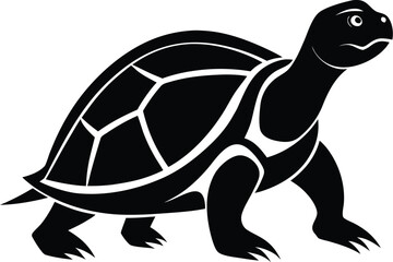 Black silhouette of a tortoise walking isolated on white background