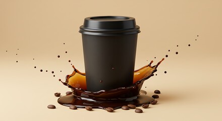 A to-go coffee cup with a lid sits on a beige background. Around the base of the cup is a splash of dark brown liquid and scattered coffee beans.