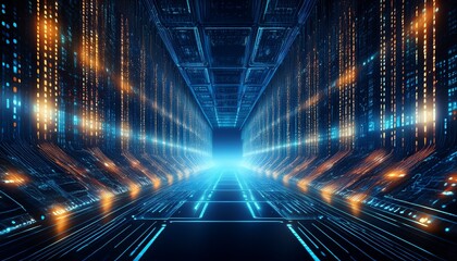 digital corridor with binary code futuristic technology data abstract illuminated dark