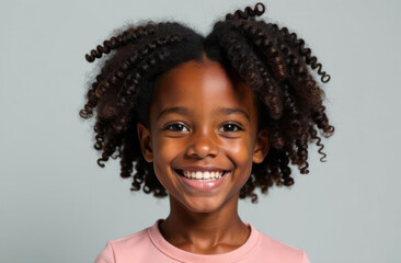 cheerful smiling child with curly hair against neutral background. joy and happiness concept. portrait photography. family, parenting, ethnic identity, educational materials, social projects.