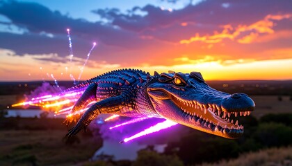Flying Alligator at Sunset with Neon Effects and Orange Sky