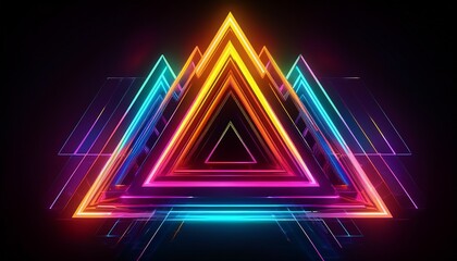 a vibrant neon triangle design showcasing a series of interlocking triangles in a spectrum of colors against a stark black background creating a dynamic and futuristic effect