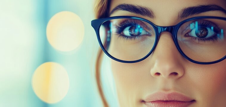Close up of a young woman wearing glasses with financial graphs reflecting in her eyes