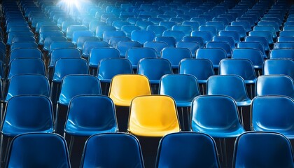 Fototapeta premium yellow chair spotlighted among blue chairs