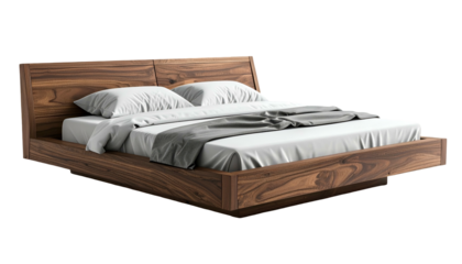 Modern bedroom furniture showcases a minimalist bed with a wooden frame, contrasting against a dark background, featuring white bedding and a gray throw blanket for a sense of serenity and a cozy...