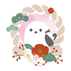 ベージュしめ縄とシマエナガ、紅白椿の和風リース（お正月飾り）/Beige Shimenawa Wreath with Long-tailed Tit and Red and White Camellias