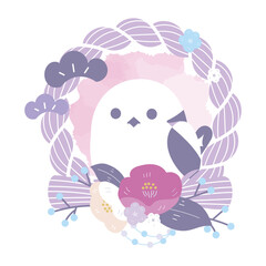 紫のしめ縄とシマエナガ、椿の和風リース（お正月飾り）/ Purple Shimenawa Wreath with Long-tailed Tit and Plum Flowers