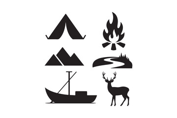Rustic outdoor adventure icons set silhouette