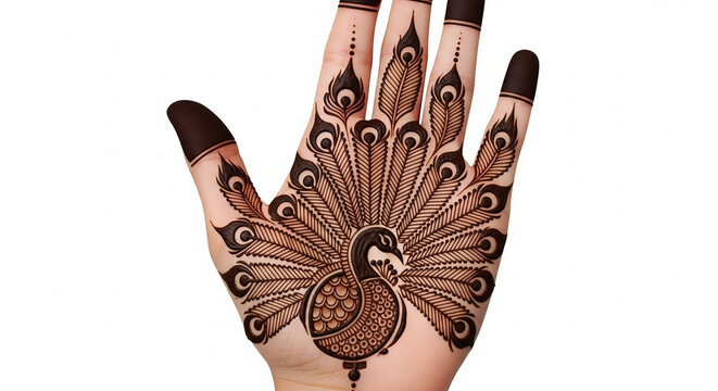 Intricate peacock henna design on hand isolated on transparent background