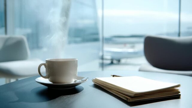 Hot coffee and paperwork rest on a sleek table in a contemporary airport lounge, with blurred airplanes visible outside. The scene evokes travel, business, and relaxation in a stylish setting