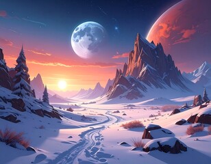 A breathtaking winter landscape, showcasing a snow-covered valley with majestic peaks, a vibrant sunset, and a distant celestial body.