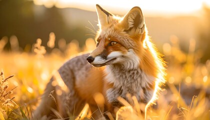 Fox in Golden Light of Sunset Watching Carefully