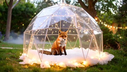 Fox Inside a Glass Dome with Lights, Outdoors in Nature