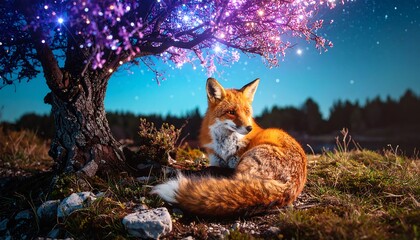 Fox Resting Beneath Tree with Illuminated Leaves and Night Sky