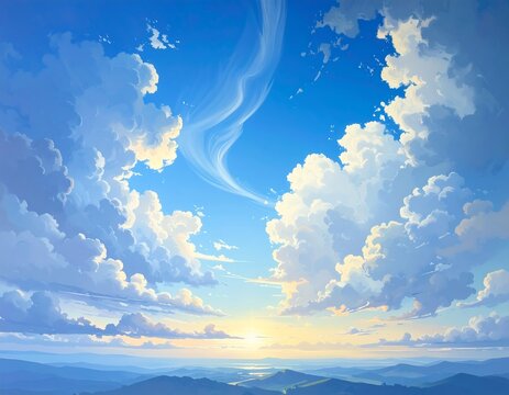 A serene vista of a breathtaking sky filled with cumulus clouds, painted in soft pastel hues, showcasing a tranquil sunrise or sunset over rolling hills.