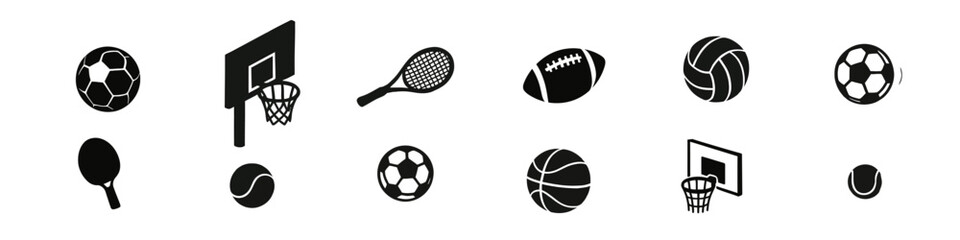 Silhouette icons of popular sports equipment: football, basketball, tennis, volleyball