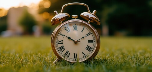 Old fashioned alarm clock sits on green grass at dusk, showing ten past ten in the Golden Hour of a sunny day in a park setting