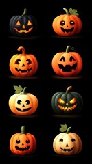 Creative collection of carved pumpkins showcasing various expressions and designs for Halloween celebrations and festivities
