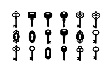 Vintage and modern key silhouettes collection with ornate designs