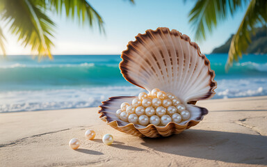 Seashell Full of Pearls on a Sandy Beach With Turquoise Sea and Palm Trees in a Tropical Paradise Vacation Setting