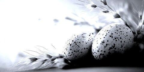 Decorative speckled eggs nestled among soft natural elements in a serene setting