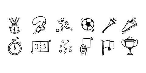 Soccer doodle icon. Football goal, award cup, whistle hand drawn line doodle sketch style equipment icon. Vector illustration