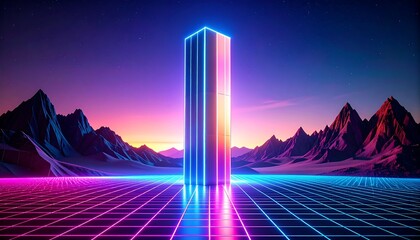 Futuristic Neon Landscape with Glowing Pillar and Mountain Backdrop