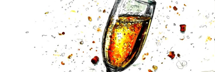 Sparkling drink in a glass with champagne bubbles and corks flying around during a celebration - High Contrast