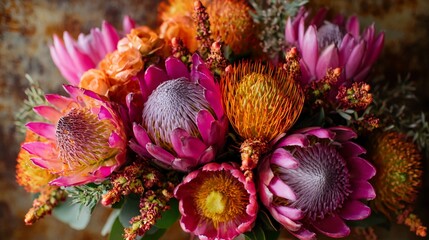 Experience the stunning vibrancy of this exotic protea flower bouquet, bursting with rich pink and orange blooms perfect for luxurious decor and elegant celebrations.