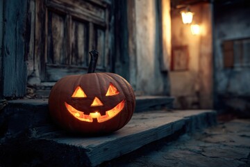 Obraz premium A carved pumpkin with a smiling face glows warmly on stone steps, illuminated by a nearby lantern against a rustic, spooky backdrop.