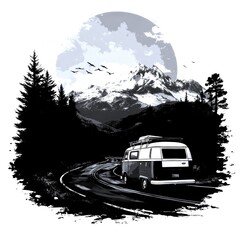 Vintage van drives down winding road through mountain landscape at sunset behind tall trees