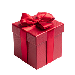 Obraz premium A square, red gift box tied with a matching satin ribbon and bow sits against a solid black background, evoking themes of celebration, surprise, and giving.