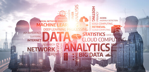 A group of professionals collaborates on data analytics strategies with an urban skyline in the background, showcasing modern technology and innovative trends. Tessel