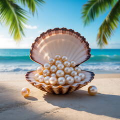 Opulent Pearls in Seashell Display on Tropical Beach Paradise Symbolizing Luxury and Natural Beauty with Turquoise Ocean Views