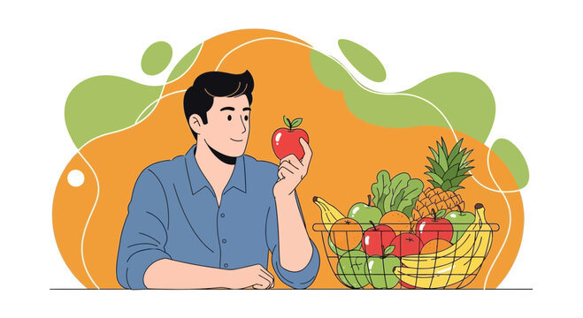 Man Holding Apple, Healthy Diet Concept, Fruits Basket, Vector Illustration with Background