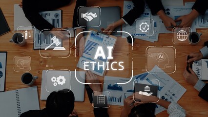 A diverse team of professionals engaged in discussion about AI ethics, surrounded by data charts and technology icons, fostering a collaborative office environment. Raster