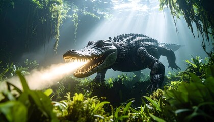 Giant Alligator Breathing Fire in a Lush Green Jungle Scene
